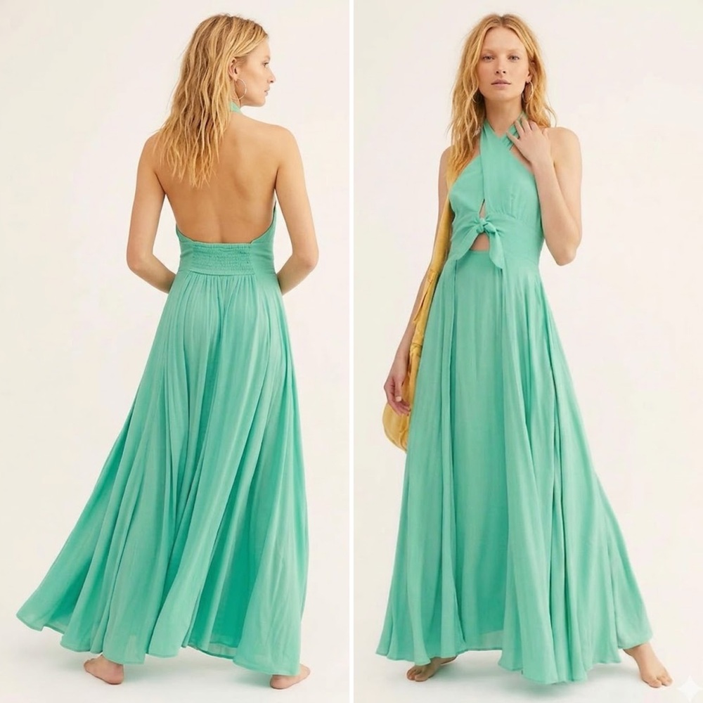 NEW FREE PEOPLE MAXI DRESS TEAL MINT GREEN MY LONG TIME LOVE HALTER BACKLESS M